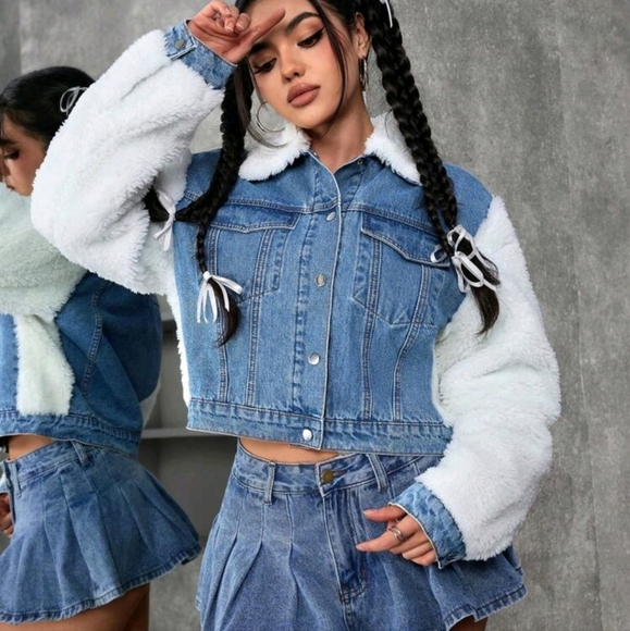 Women's Casual Contrast Color Furry Patchwork Cropped Denim Jacket - Picture 1 of 5
